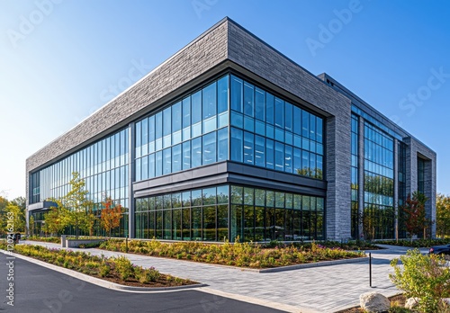 Modern Architectural Design of a Corporate Office Building Featuring Sleek Glass Facade Surrounded by Lush Green Landscaping and Clear Blue Sky during Daylight Hours