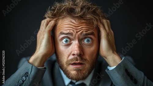 A perplexed man in a suit, clutching his head, showcases visible anxiety with wide eyes, highlighting the pressure of his demanding circumstances photo