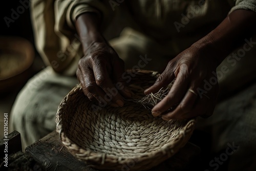 Hands skillfully weaving traditional basket, showcasing craftsma photo