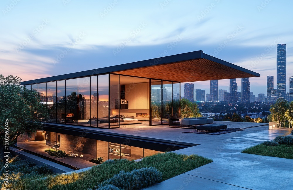 Obraz premium Modern architectural design of a luxurious glass house in an urban skyline, showcasing elegant interiors with panoramic views and serene outdoor spaces at twilight