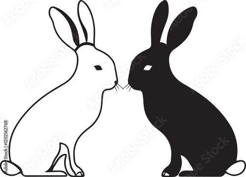 two rabbits on a white background ,Silhouette of two little rabbits