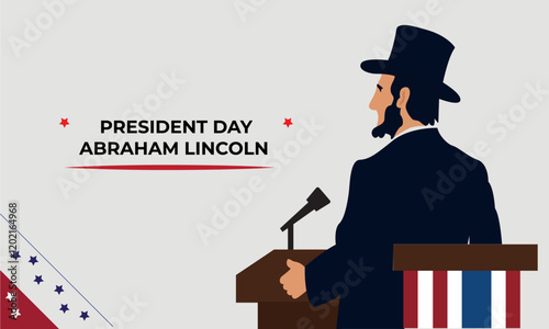 Vector illustration of Abraham Lincoln from behind, delivering a speech in a lower third layout. Clean, minimalistic design without text, ideal for President's Day, patriotic themes.