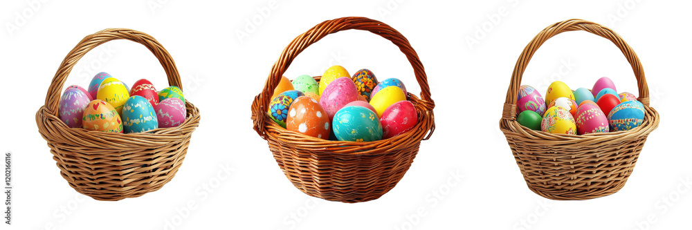 A Set of Multi-Colored Easter Eggs in a Wicker Basket Isolated on Transparent Background