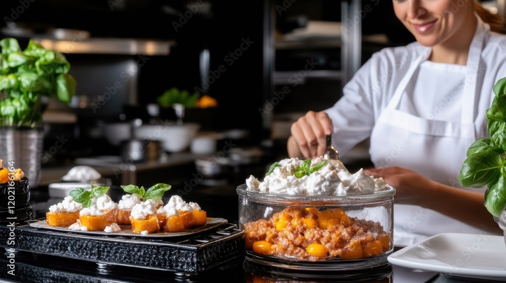 Obraz premium A chef preparing a dessert with fresh ingredients in a kitchen