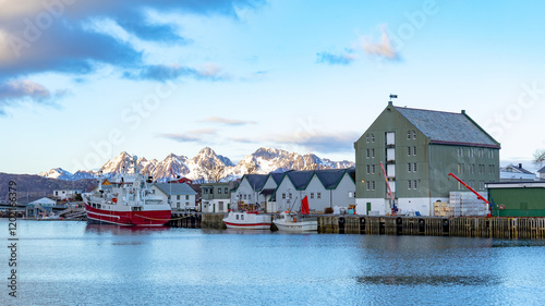 Landscape view of Svolvaer fishing village at Lofoten islands, Norway photo