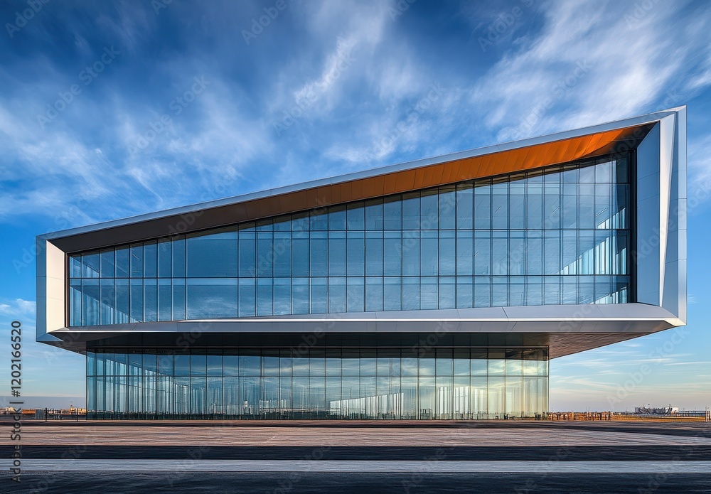 Fototapeta premium Modern Architectural Marvel Featuring Sleek Glass Facade and Unique Angled Design Under Clear Blue Sky at Sunset, Capturing Beauty of Contemporary Design