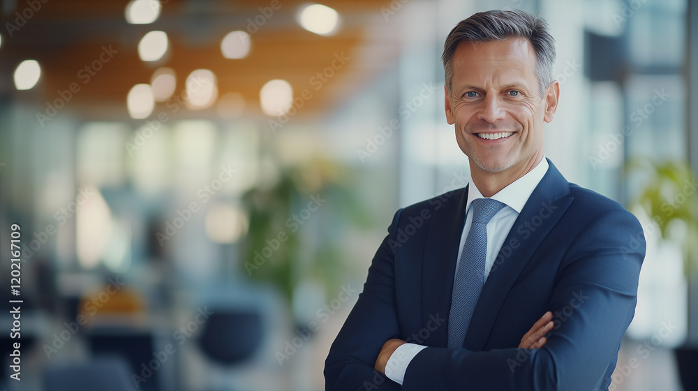 Professional businessman in a formal suit confidently standing and smiling in a modern office environment. Perfect representation of success, leadership, confidence Professional businessman in a formal suit confidently standing and smiling in a modern office environment. Perfect representation of success, leadership, confidence