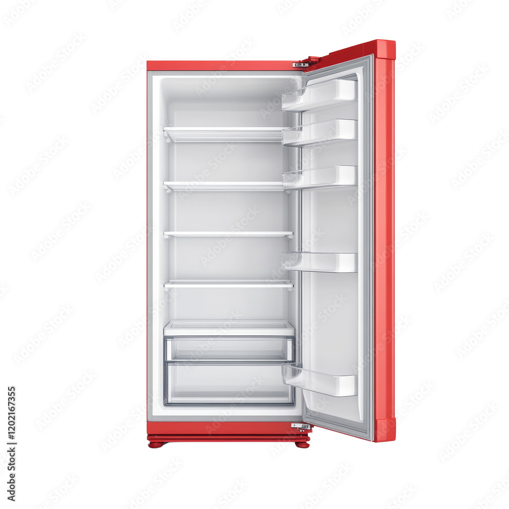 An empty red refrigerator with its door open showcasing its interior shelves and crisper drawers. An empty red refrigerator with its door open showcasing its interior shelves and crisper drawers.