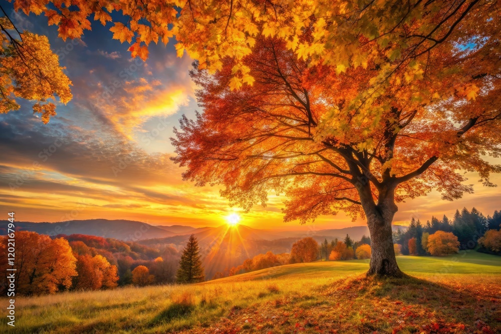 Fototapeta premium Fall's fiery hues paint a minimalist sunset, capturing nature's golden hour.