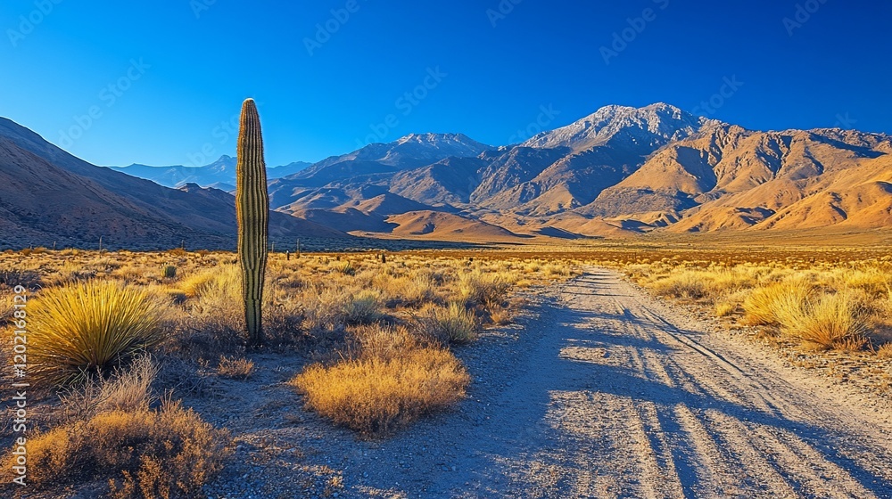 Fototapeta premium Majestic Desert Landscape: A Dirt Road Leading to Snowy Mountains