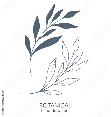 Greenery Line Art. Botanical Background trendy minimalist leaves and branches. Hand drawn floral elements. Floral Line Art Illustration. Luxury Line Floral Art.