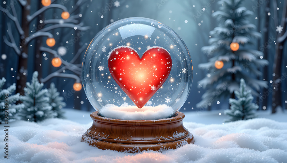 Fototapeta premium Heart inside a snow globe in winter forest