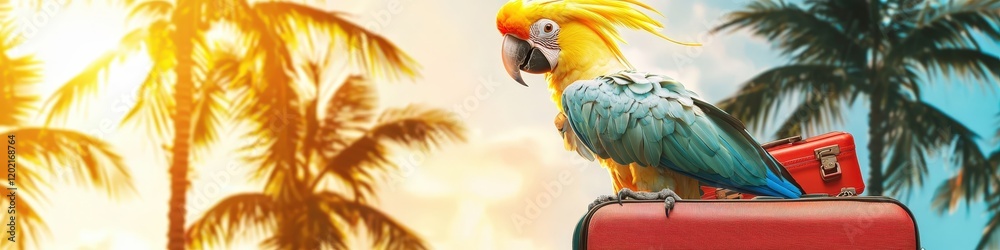 Obraz premium parrot on a suitcase on a beach background. Selective focus