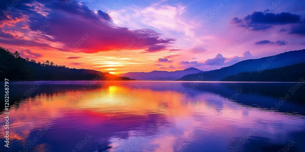 Vibrant sunset over tranquil lake, reflecting colorful sky. Peaceful nature scene Vibrant sunset over tranquil lake, reflecting colorful sky. Peaceful nature scene