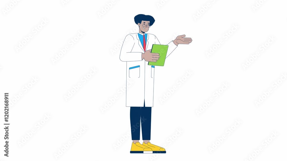 Positive latin male doctor consulting 2D character animation. Patient consultation at appointment cartoon 4K video, alpha channel. Hispanic man therapist animated person on white background