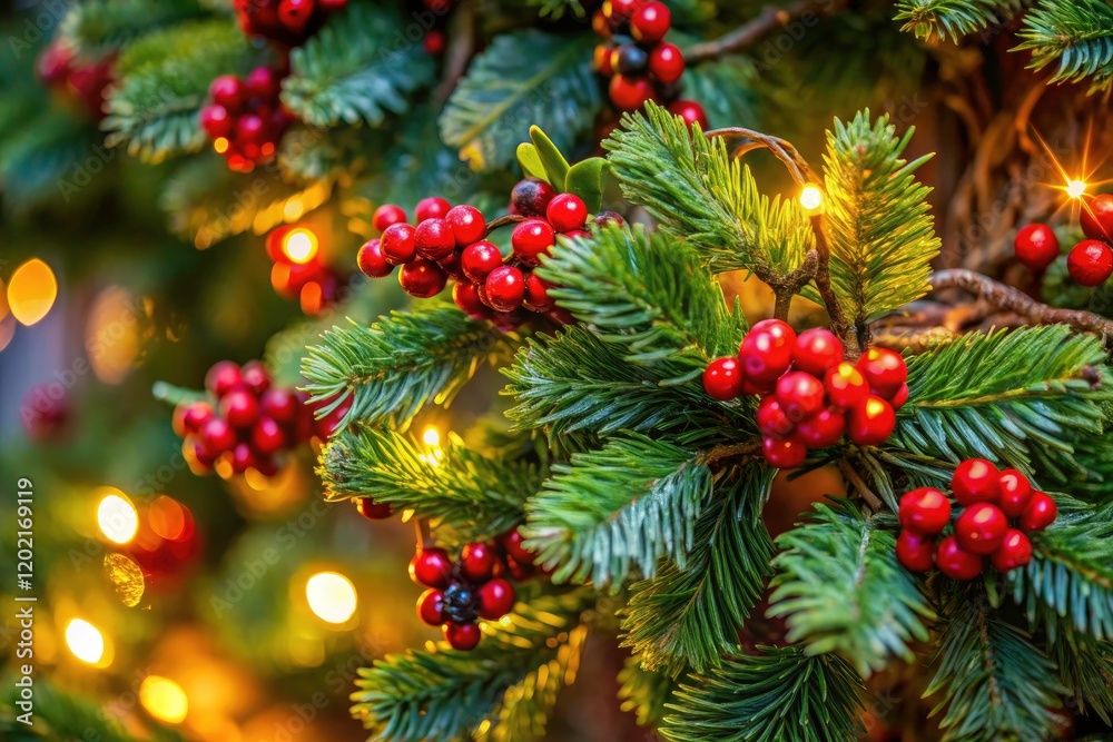 Festive pine and holly garland adorned with charming tree decorations; a perfect holiday photo. Festive pine and holly garland adorned with charming tree decorations; a perfect holiday photo.