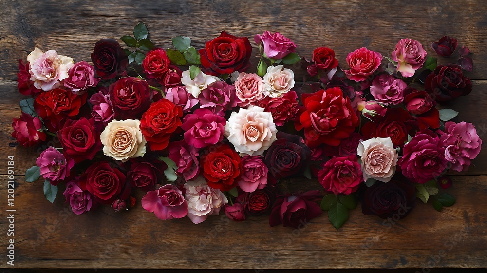 A bouquet of roses in various shades of red and pink placed on a wooden table, each petal perfectly formed A bouquet of roses in various shades of red and pink placed on a wooden table, each petal perfectly formed