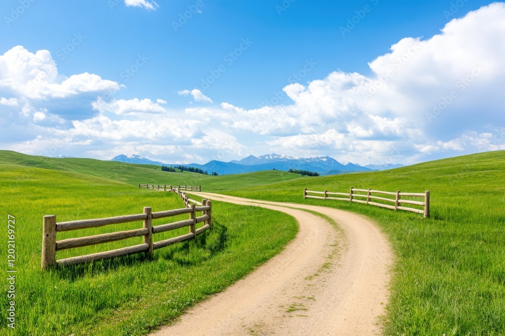 Scenic countryside road winding through vibrant green fields with distant navy mountains in a clear blue sky under soft clouds Scenic countryside road winding through vibrant green fields with distant navy mountains in a clear blue sky under soft clouds
