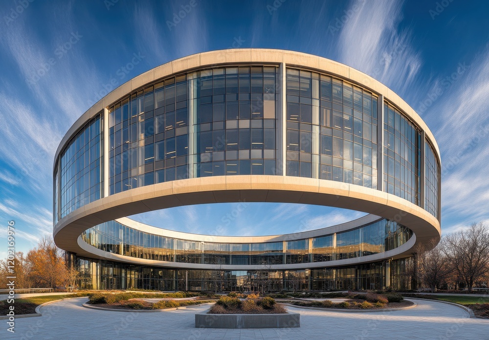 Fototapeta premium Modern Circular Building with Glass Facade Surrounded by Lush Landscaping Under a Dramatic Sky, Showcasing Contemporary Architecture and Clean Design Elements