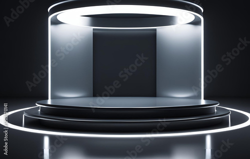 Abstract geometric podium Neon light black red blue color and realistic mockup, D rendering of ancient greek podium background, 3D rendering of an empty stage with a spotlight The stage is surrounded 