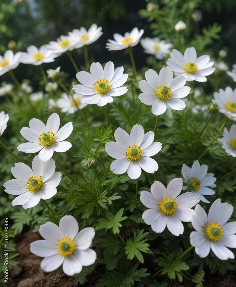 Obraz premium Anemone nemorosa Robinsoniana in bloom with greenery, spring flowers, plant growth, foliage