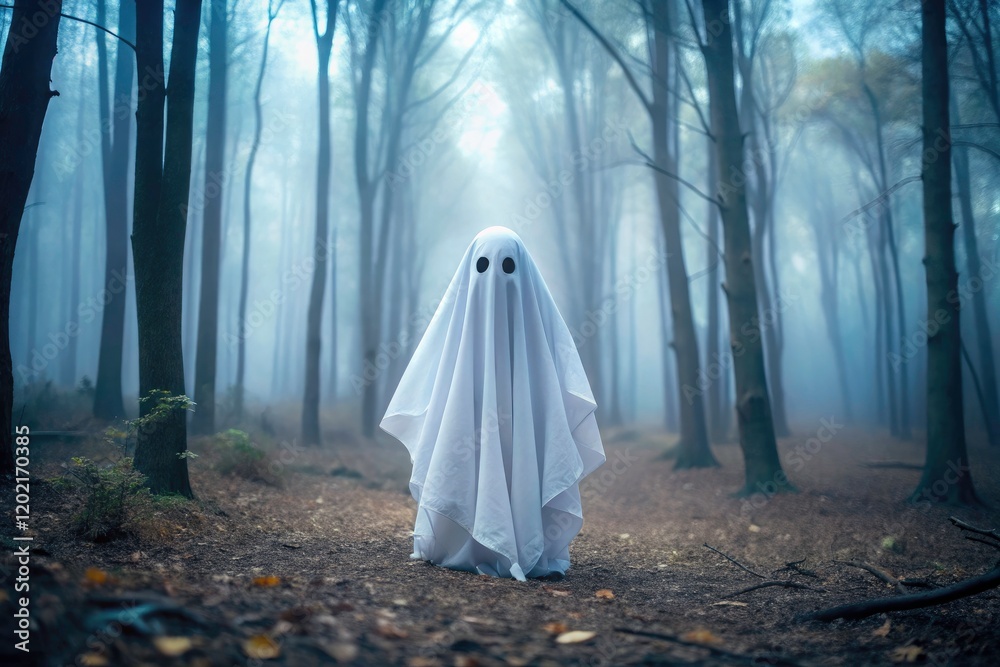 Fog swirls around a ghostly figure in a diorama-like Halloween wood. Fog swirls around a ghostly figure in a diorama-like Halloween wood.