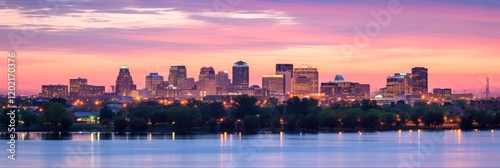 Arlington Texas Skyline at Dusk. Cityscape and Architecture of Steel Landmarks during Evening Sunset Travel