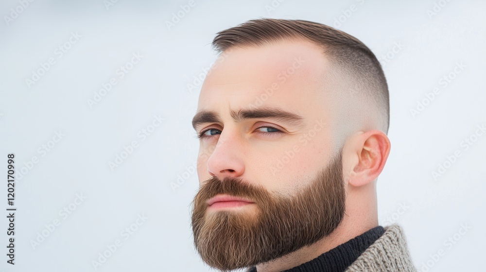 Obraz premium Confident Bearded Man Embracing His Receding Hairline in Stylish Fashion Portrait with Minimalistic Background Highlighting Facial Features and Modern Grooming.