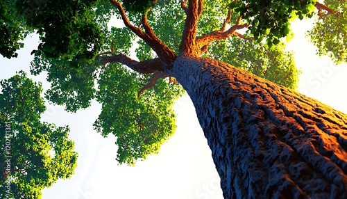 A redwood tree featuring a massive, textured trunk and vibrant green canopy, isolated on a seamless white background