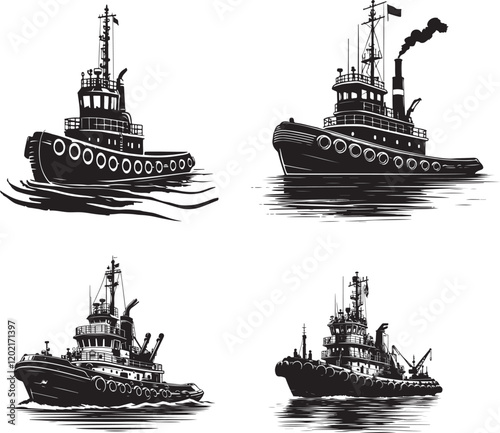 Tugboat silhouette vector art illustration
