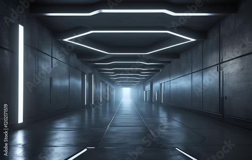 3d render of dark abstract concrete interior tunnel design with lighting, Abstract Futuristic empty floor and room SciFi Corridor With light for showcaseroominteriordisplay productsModern
