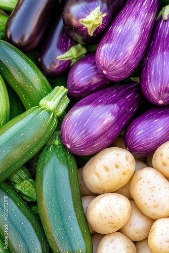 Wallpaper Mural Fresh vegetables at a vibrant farmers market showcasing green zucchinis, purple eggplants, and beige potatoes during a sunny day Torontodigital.ca