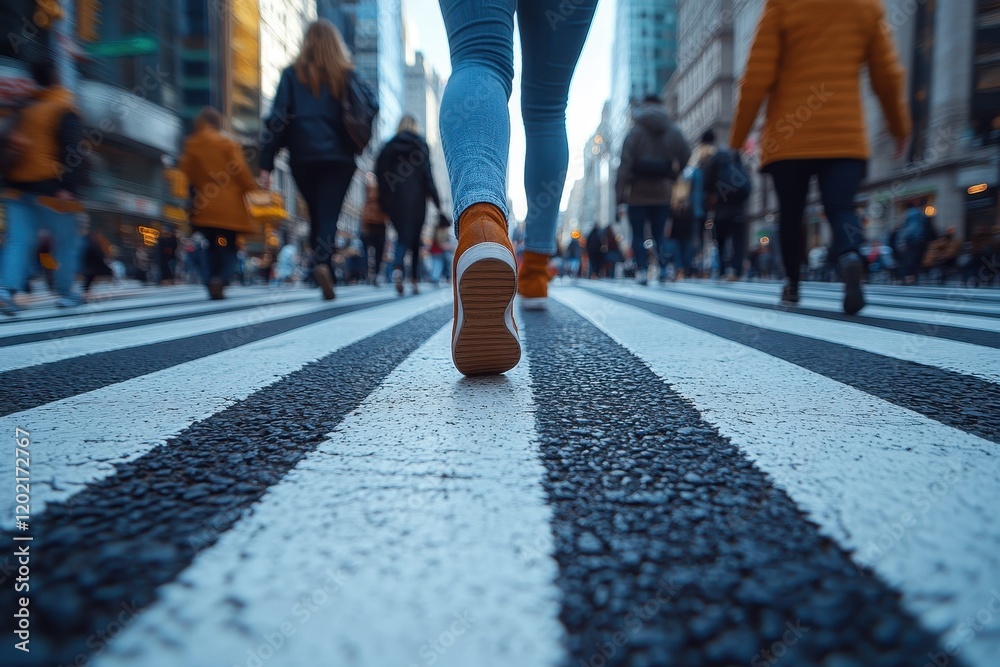Fototapeta premium Urban street scene with people crossing at a pedestrian walkway.