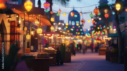A vibrant Ramadan street market filled with colorful lights and food stalls
