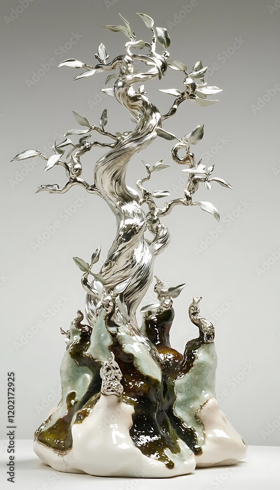 A lone olive tree with gracefully twisting branches and silver-green leaves, displayed against a solid white surface A lone olive tree with gracefully twisting branches and silver-green leaves, displayed against a solid white surface
