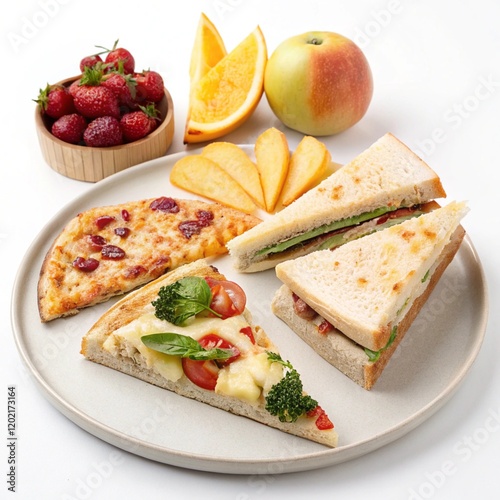 Apple pie strawberry with fruit and pizza with a sandwich delicious food