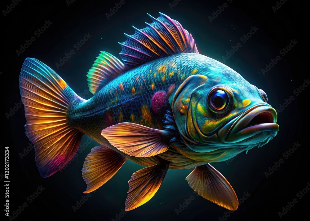 Fototapeta premium Generative digital art: black-background, surreal aquatic fish, painted in dark hues.