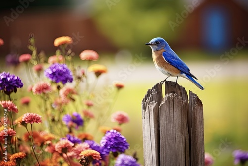 Eastern Bluebird Male on Fence Post in Flower Garden, Marion County, Illinois - Wild Thrush Bird Watching in the US