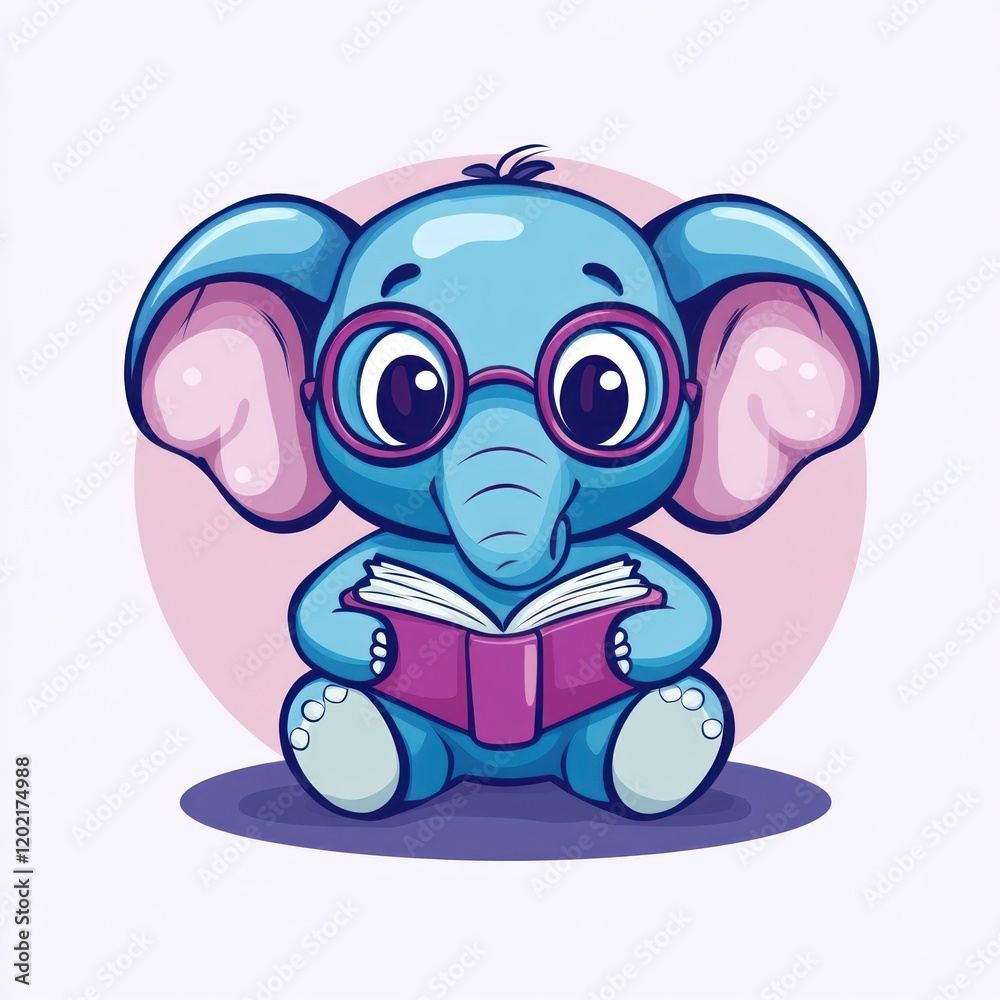 Fototapeta premium Blue elephant cartoon reading book with pink circle backdrop for children's products