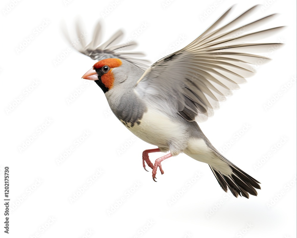 Obraz premium Flying Finch - Zebra Finch in Flight on Solid White Background