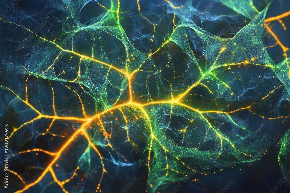 Naklejka premium Abstract Neural Network Glowing Green Yellow