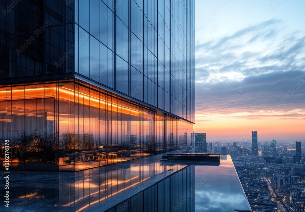 Obraz premium Modern skyscraper reflecting sunset colors with sleek glass facade and urban skyline featuring warm lighting and serene atmosphere in a city landscape