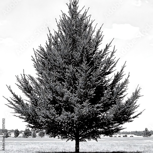 A solitary cedar tree with intricate needle-like foliage and a robust trunk, centered on a plain white background
