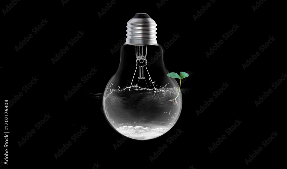 Light bulb with small tree outside black background. Water in light bulb, Ecological and energy concept Light bulb with small tree outside black background. Water in light bulb, Ecological and energy concept