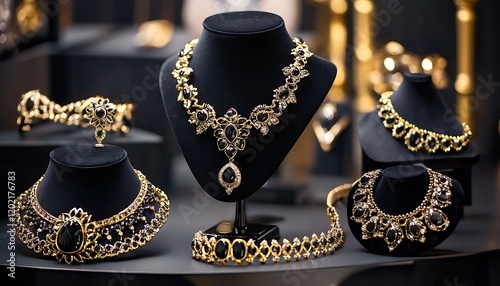  Luxurious black and gold jewelry set on elegant necklace  stand indoor shopee  display photo