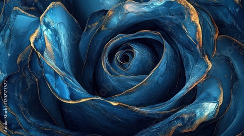 Close-up of a blue rose with gold accents; artistic floral background, ideal for greeting cards
