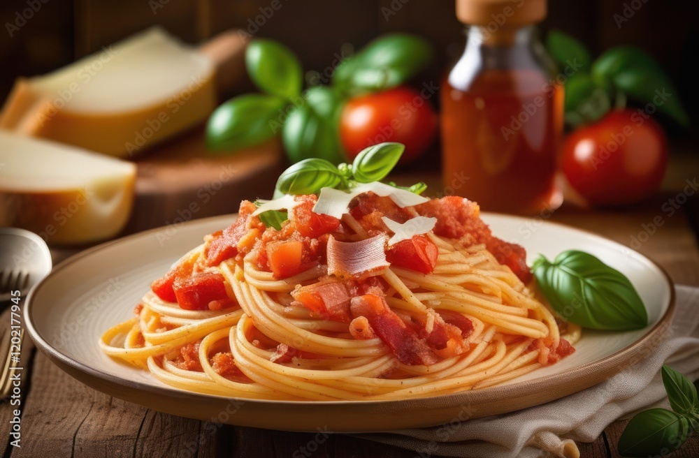 classic spaghetti with marinara sauce, basil, bread, and tomatoes on a rustic burlap napkin. Traditional Italian pasta dish presented in a mouth-watering composition classic spaghetti with marinara sauce, basil, bread, and tomatoes on a rustic burlap napkin. Traditional Italian pasta dish presented in a mouth-watering composition