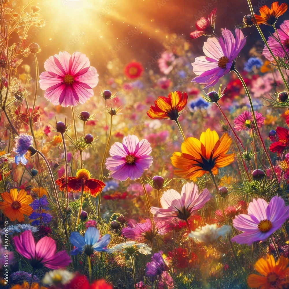 A colorful wildflower meadow in full bloom, with soft sunlight streaming through, casting a warm glow on the vibrant petals