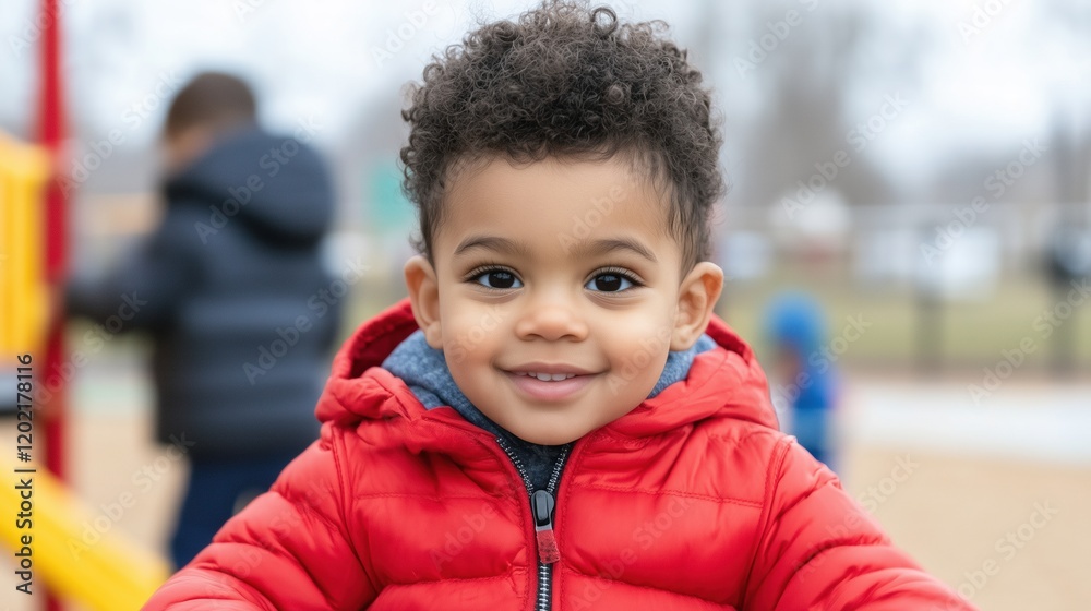 Adorable Toddler in Red Jacket Smiling at Camera in Playground Setting with Other Children in Background on a Cloudy Day Adorable Toddler in Red Jacket Smiling at Camera in Playground Setting with Other Children in Background on a Cloudy Day