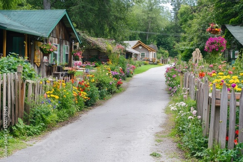Quiet rural street with wooden cottages and vibrant flower gardens in a serene countryside setting. Generative AI